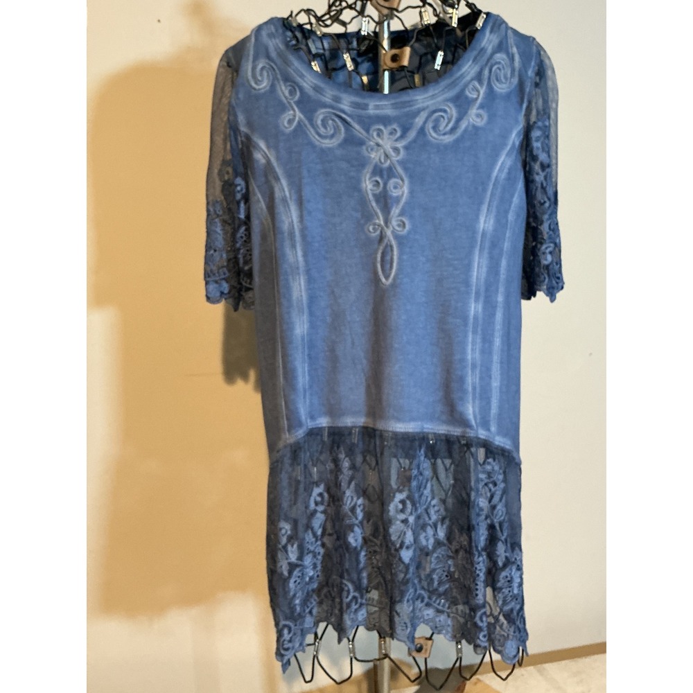 Pretty‎ Zueger Blue Mineral Wash Lace Trim Tunic Top Embroidered Boho Small